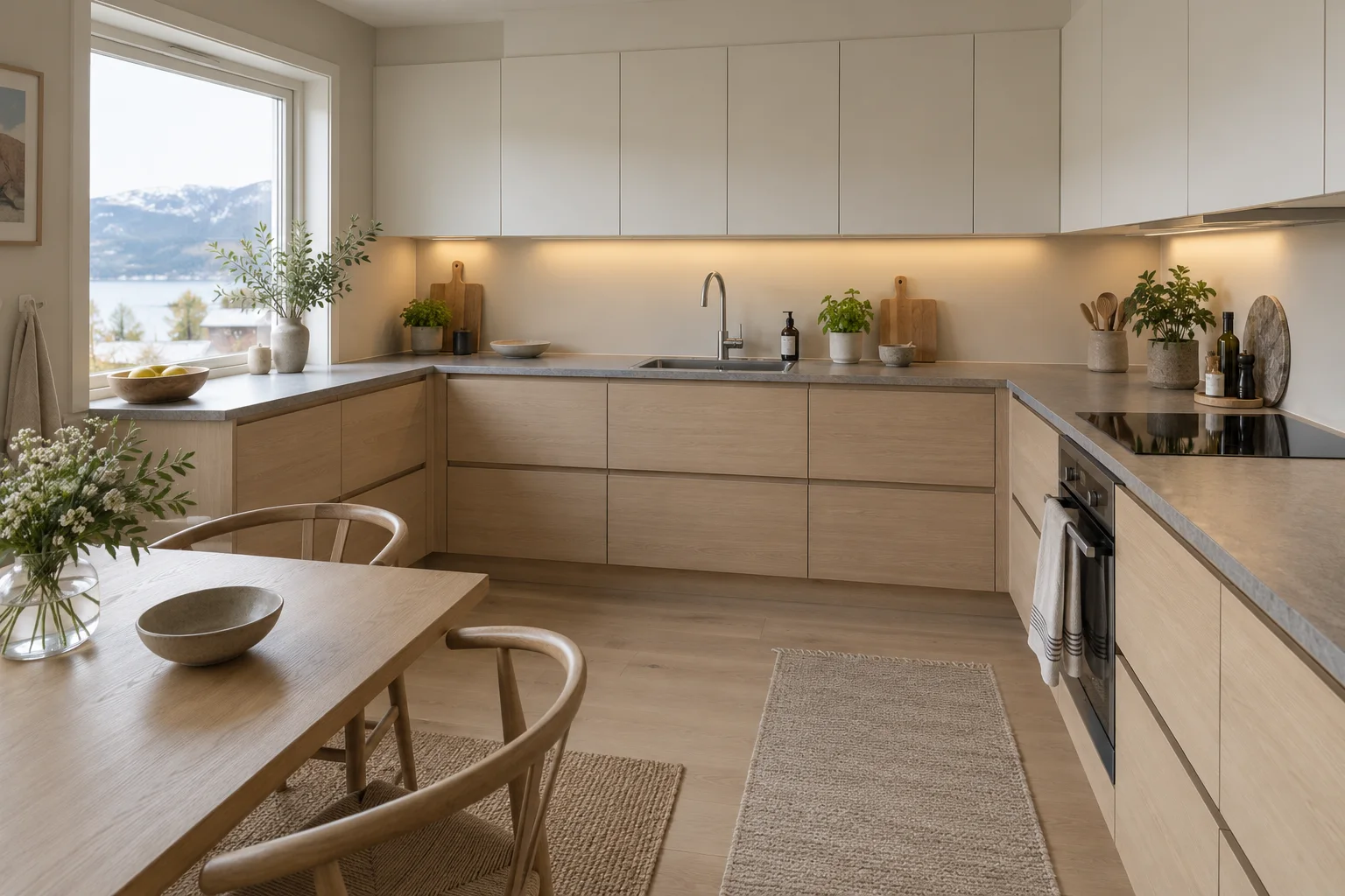Renovering av kjøkken Lyst kjøkken med skap i eik, lyse overskap og grå benkeplate.