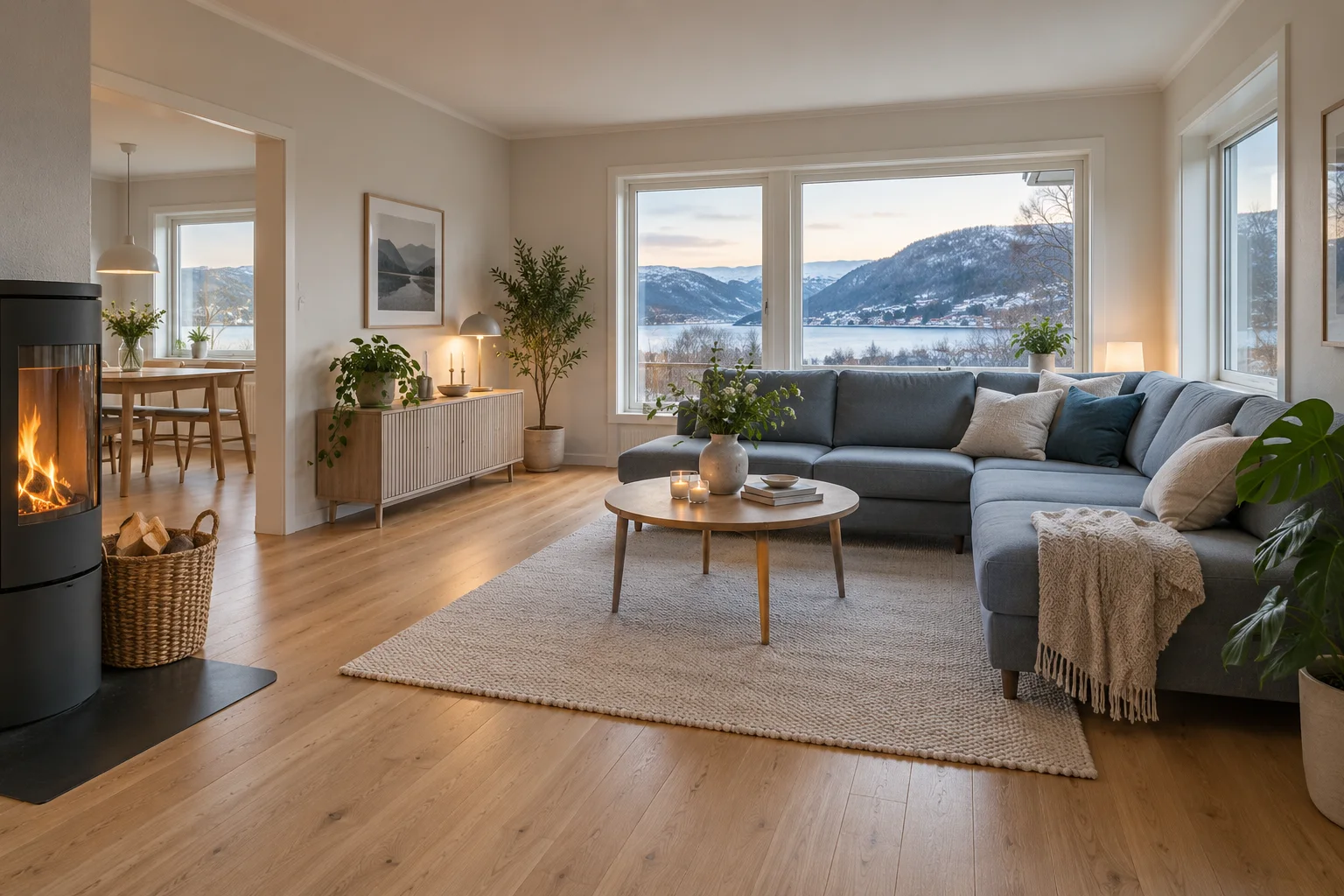 Renovering av stue Lys stue med eikegulv, lyse vegger og blågrå sofa etter en illustrert renovering.