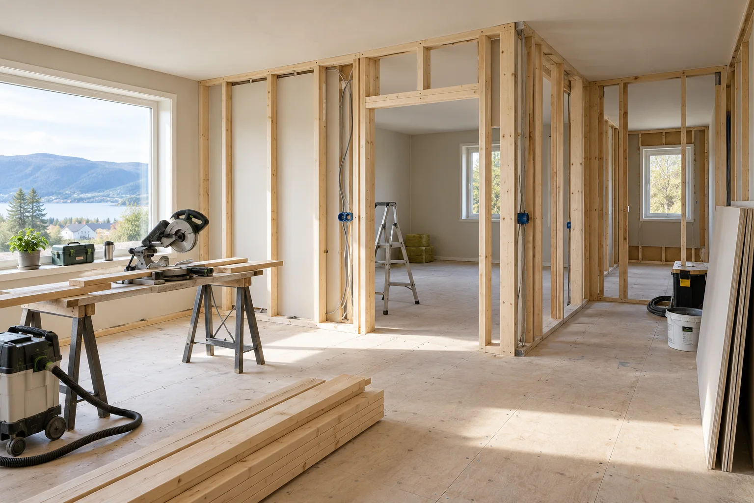 Totalrenovering av bolig Rom under renovering med synlige trestendere, undergulv og ryddig arbeidsområde.